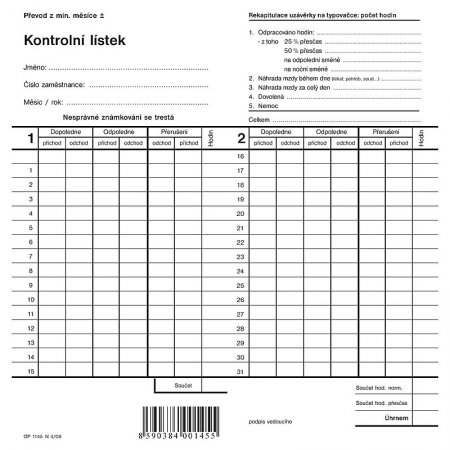 Kontrolní lístek, dvojitá píchačka, 100ks