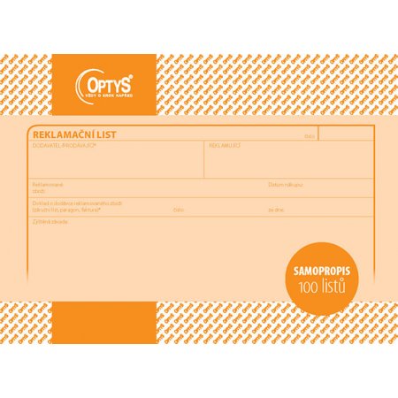 Reklamační list A5, samopropisovací, 100 listů, obr. 1